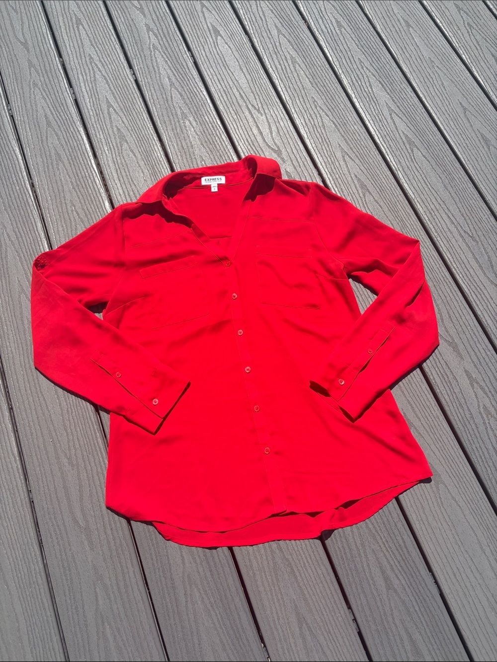 Express Red Long-Sleeve Button-Up Blouse